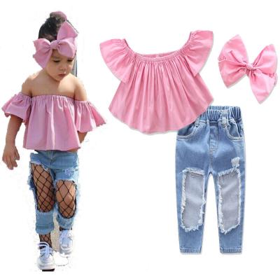 China New 3 Pieces Fashion Summer Kid Children Butterfly Sleeve Shirt+Ripped Jeans+Headband Girl Clothes Set Girl's Casual 3 Pieces for sale