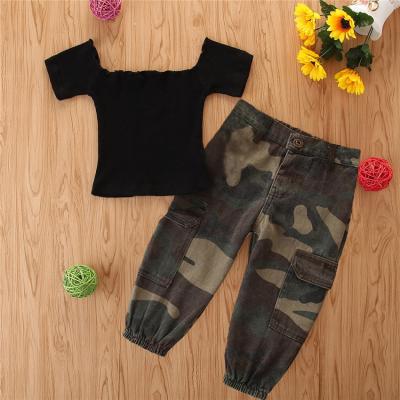 China ENGLAND STYLE hot sale toddler girls summer clothing set fashion shoer sleeve t-shirt+ camo coveralls 2 piece set for kids for sale