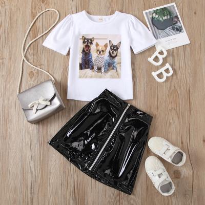 China New Arrival Toddler Girls Boutique Casual Cartoon Printed T-shirt PU Leather Skirt Clothing Set For Kids for sale