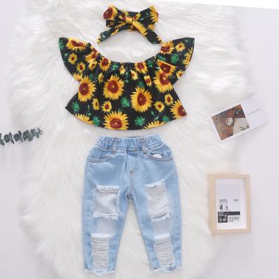 China New boutique autumn casual baby clothes sunflower top+jeans ripped pants+3pcs headband clothing set for girls for sale