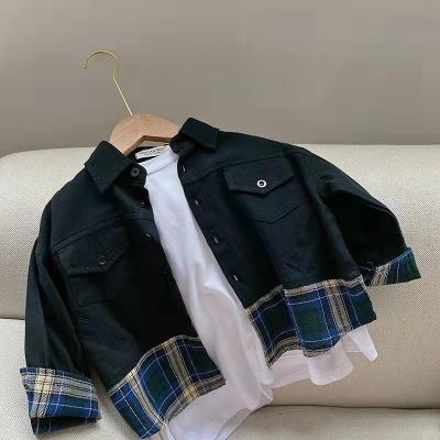 China Factory wholesale breathable toddler boys girls fall coat fashion plaid patchwork turn-down collar shirt coat for unisex kids for sale