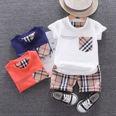 China Factory wholesale casual toddler boys summer clothing set fashion shorts sleeve t-shirt + short plaid pants 2 piece set for kids for sale