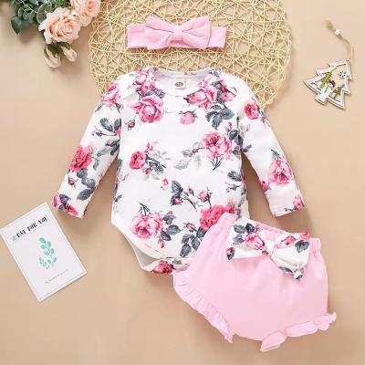 China Fashion Breathable Hot Newborn Baby Clothing Set INS Amazon Sale Long Sleeve Printed Rompers+Short Pants+Headband 3pcs Set for sale