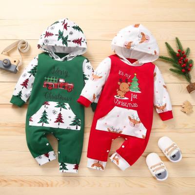 China 95% Cotton INS Hot Sale Baby Boy Girls Newborn Rompers Fashion Christmas Printed Long Sleeve Hooded Rompers For Infant Babies for sale