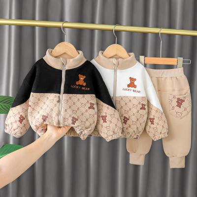 China New Fashion Baby Boy Winter Autumn Infant Cartoon Anti-Shrink Printed Thicken Warm Zipper Coat+Long Pants 2pcs Clothing Set For Kids for sale