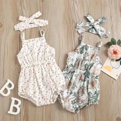 China 100% Polyester Europe and American Hot Sale Newborn Baby Rompers Fashion Floral Print Sleeveless Rompers with Headband for sale