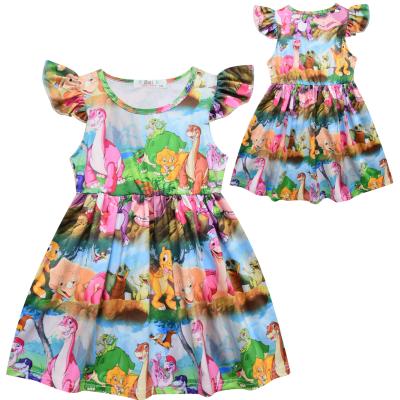 China Wholesale Washable Baby Girls Dress Dinosaur Printed Cute Ruffled Sleeveless Milk Silk Princess For Girls for sale