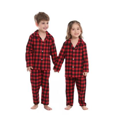 China Breathable New Fashion Debut Boys Girls Fall Pajamas Boutique Black Red Plaid Christmas Leisure Wear 2 Piece Clothing Set For Kids for sale