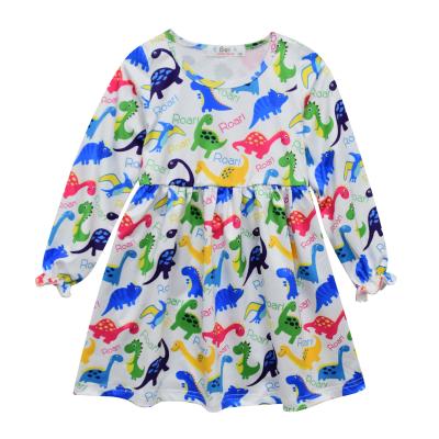 China Hot Selling Washable Baby Girls Dress Cartoon Dinosaur Printed Long Sleeve Ruffled Princess Dress For Girls for sale