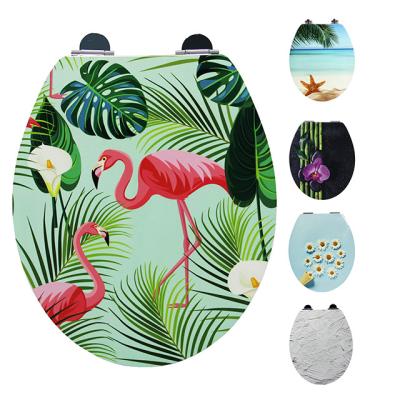 China Slow-end Toilet Seats OEM Jungle Flamingo Leaf Tropical Print MDF Metal Material Soft Narrow Hinges Extended Toilet Seat 19inch UV Glossy for sale