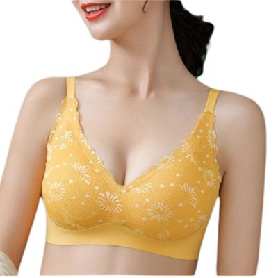 China One Piece Wire Free Seamless Bra Printed Bra One Piece Removable Protective Sleep Design V-Neck Wireless Bra for sale