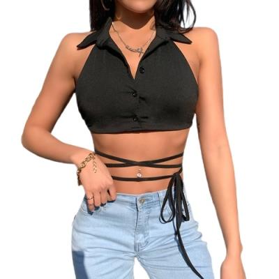 China Women's Halter Neck Turn-Down Collar V Neck Lace Sleeveless Women's Tank Tops With Buttons Fashionable Halter Backless Neck Crop Top for sale