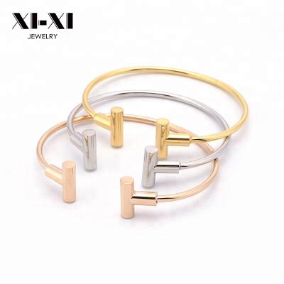 China Women's Double T Fashionable Stainless Steel Cuff Bangle Promotional Custom Bangle for sale