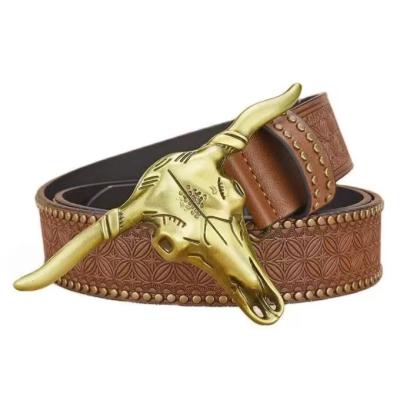 China Copper Bull Belt Men's Embossed Western Cowboy Personality Riveted  Men's Belt Fashion  Rivet for sale