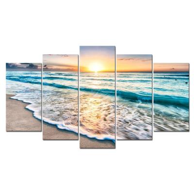 China Custom Natural Landscape Painting Art 5 Panels International Organization for Standardization Oil Wall Picture Modern Seascape Bedroom Print Canvas for sale