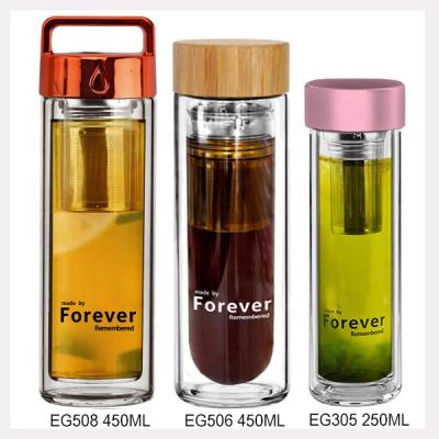 China Sustainable Natural Bamboo Free Wall Tea Double Lid BPA Glass Drinking Water Bottle With Tea Infuser for sale