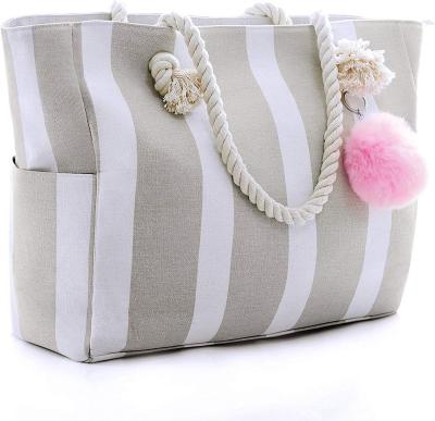 China Large Canvas Handled Shoulder Bag - Beach Tote with Cotton Rope Handles and Cute Pom Pom for sale