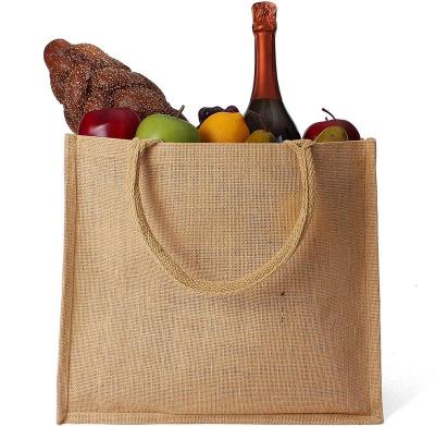 China Natural Burlap Bags Handled with Cotton Handles Reusable Tote Bags with Laminated Interior - Shopping Bag/Grocery Bag/Gift Bag for sale