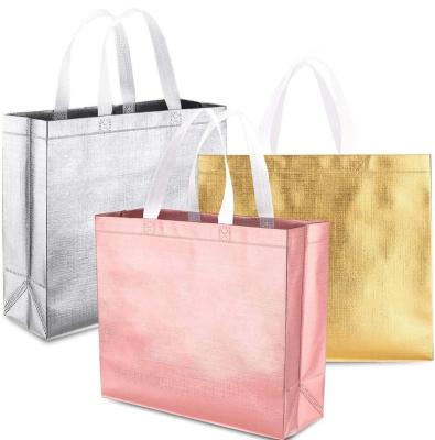 China Metallic Film Handled Metallic Film Grocery Bag Stylish Shiny Non Woven Present Reusable Promotional Shopping Bag For Party for sale