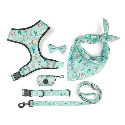 China Reflective Dog Harness Leash Set Lead Adjustable Pet Harness Vest Style Walking Pet Chest Harness Collar Set Luxury Custom Printed Pattern for sale