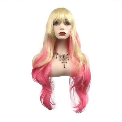 China Cheap Deep Wave Long Curly None Pink Gold Ombre Mixed Front Lace Wigs For Color Women Fiber Wigs for sale