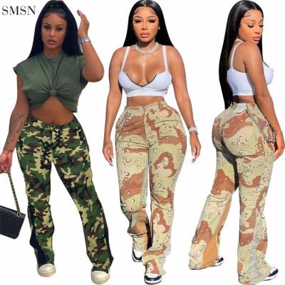 China Anti-wrinkle fashion camouflage patchwork flared women's cargo pants women's pants and slacks women's pants for sale