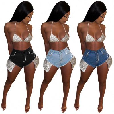 China CATHY Fashion breathable 2021 summer compression pants women's pockets sequined denim shorts jeans for sale