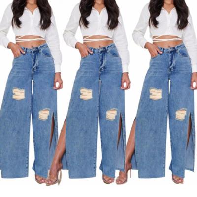 China CATHY 2021 Autumn Womens Trousers Breathable Wide Leg Fabrics Hole Split Jeans Women for sale