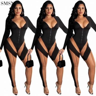 China High Quality V-Neck Long Sleeve Jumpsuit Fashion Anti-pilling Stitched Mesh Perspective Slim Fit Jumpsuit for sale