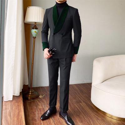 China Asian-n Factory Wholesale Breathable High Quality Men's Collar Suit Jacket Green Velvet Quilting Suit Banquet Wedding Two-Piece Suit for sale