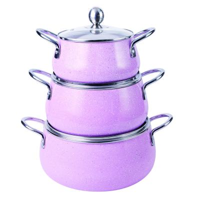 China Sustainable aluminum soup pot 3 piece set spray pink color cookware set for sale