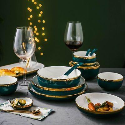 China Sustainable Style Nordic Green With Gold Ceramic Line Of Dinnerware Sets Factory Wholesale for sale