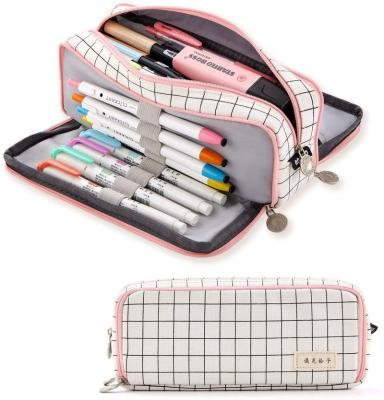 China Schools & Large Capacity Pencil Case 3 Compartments Canvas Storage Pencil Pouch Stationery Bag Holder Desks For Student Pink Strip Black Grid for sale