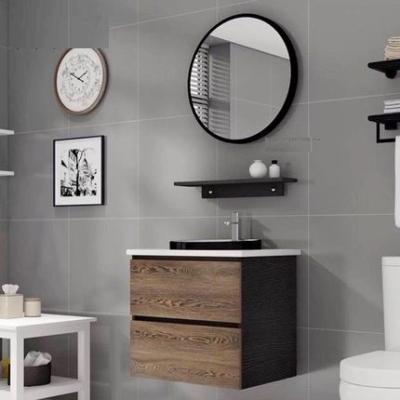 China Wood Colour Wall Hung Transitional Bathroom Vanities With Sink And Round Mirror for sale