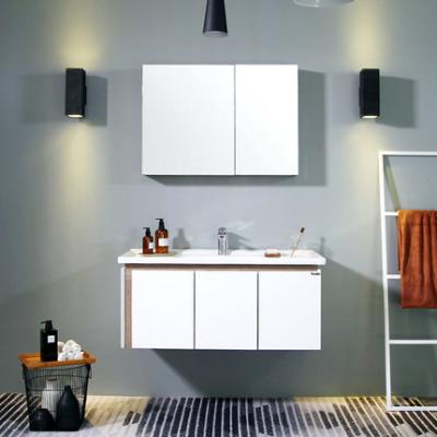 China Warm White Marble Top PVC Bathroom Vanity Oak Wood Material With Hidden Mirror Cabinet for sale