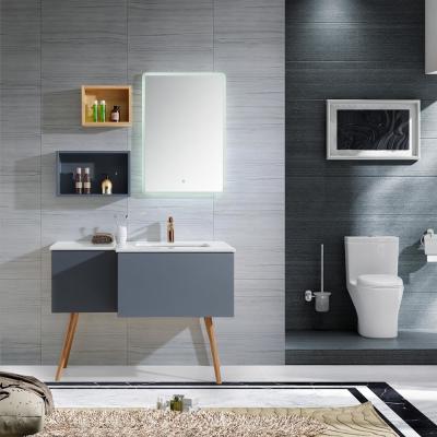 China Dark Grey Freestanding Bathroom Vanity With Mirror Cabinet And 4 Legs for sale