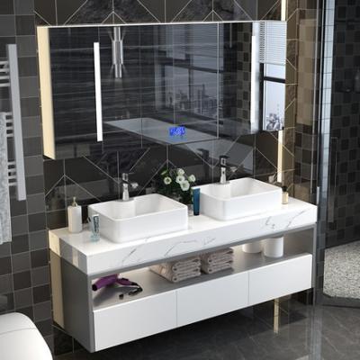 China Modern Style Double Sink Bathroom Vanity With 3 Drawers 2 White Ceramic Basins for sale