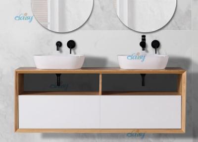 China Large Space Wood Colour Double Sink Unit Vanity With Two White Ceramic Basin for sale