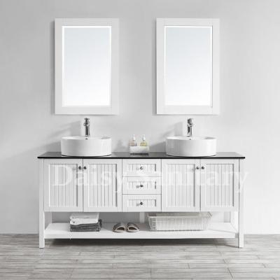 China 72 inch Wood Bathroom Vanity Glass Countertop with White Vessel Sink for sale