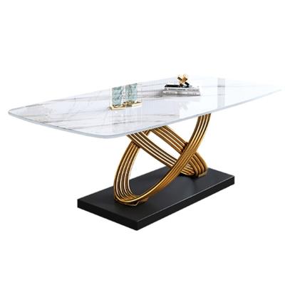 China Customize Dining Room Furniture Stainless Steel Leg Gold Marble Top Modern Dining Table Set Luxury for sale