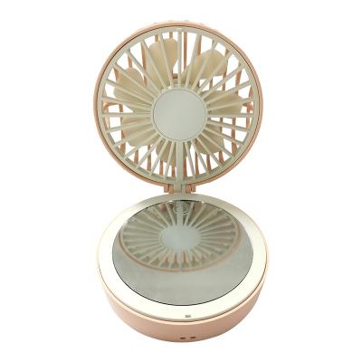 China Makeup mirror and electric fan 2 in 1 fan creative newest 2 in 1 rechargeable mirror creative Mini Cake Fan Mini Portable Fan With Folding for sale