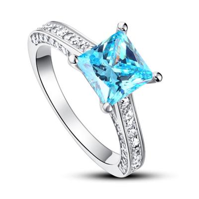 China 925 Sterling Sliver White Gold Plated Princess Cut Ring For Women Blue Stone TRENDY Custom Ring for Ladies for sale