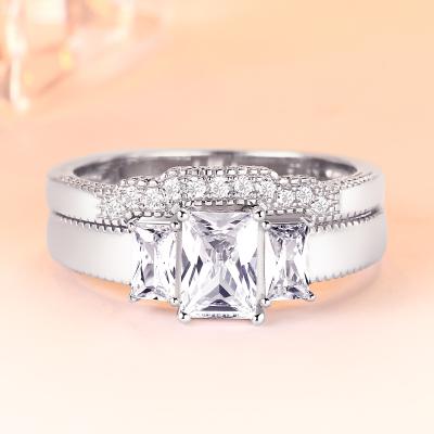 China FASHIONABLE Princess Square Shape Cubic Zirconia 925 Sterling Silver Women Jewelry Wedding Ring Set with 3 Stones for sale