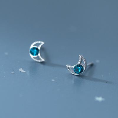 China Trendy Simple Women Sterling Silver Earrings Personality Stud Earrings 925 Blue Zircon Moon Stud Earrings for sale