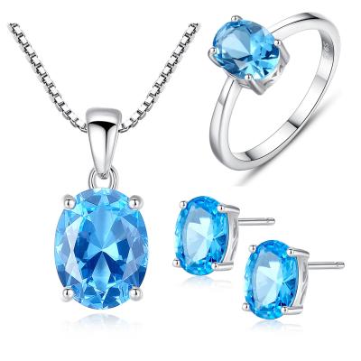 China Fashion Women TRENDY Jewelry Set 925 Sterling Silver Jewelry Cubic Zirconia Oval Cut Synthetic Blue Sapphire Ring Necklace Earring for sale