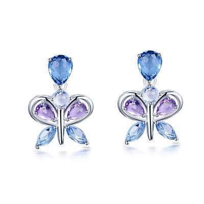 China Tonglin 925 Sterling Silver Gemstone Jewelry Good Quality TRENDY Gemstone With Cubic Zirconia Mulit Halo Stones Butterfly Stud Earring for sale