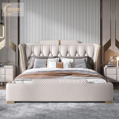 China Foshan Stainless Factory King Courier Bed Luxurious Furniture Bed Set Genuine Leather Bedroom Furniture Set Modern for sale