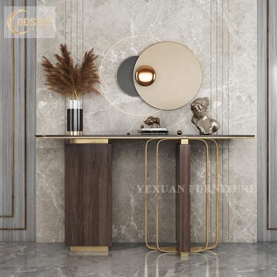 China 2021 wholesale luxury modern stainless steel gold console table living room furniture console table size 1 meter for sale