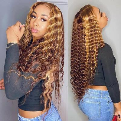 China Deep Wave #4/27 Dispenser Cuticle Aligned Hair Highlight Ombre Colored Glueless Wigs, Honey Blonde Real Human Hair 180% Density for sale