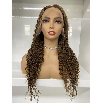 China Deep Wave Deep Wave 13X4 Lace Front Highlight Wig Human Hair Honey Blonde Highlight Wigs Curly Frontal Highlighted Wig Design for sale